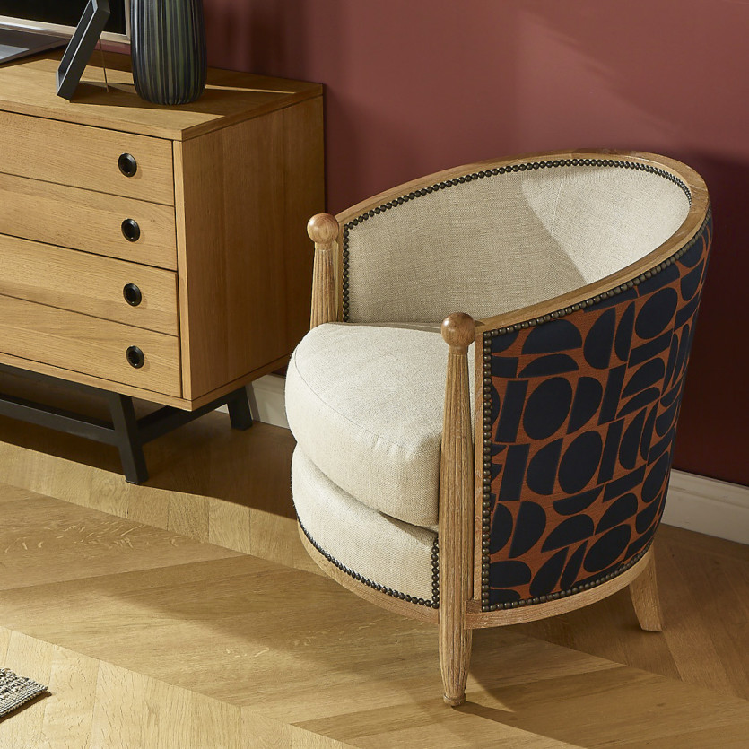 Sillón barril CAROLE FJORD - Estilo vintage en roble, lino y tela gráfica, 1 plaza