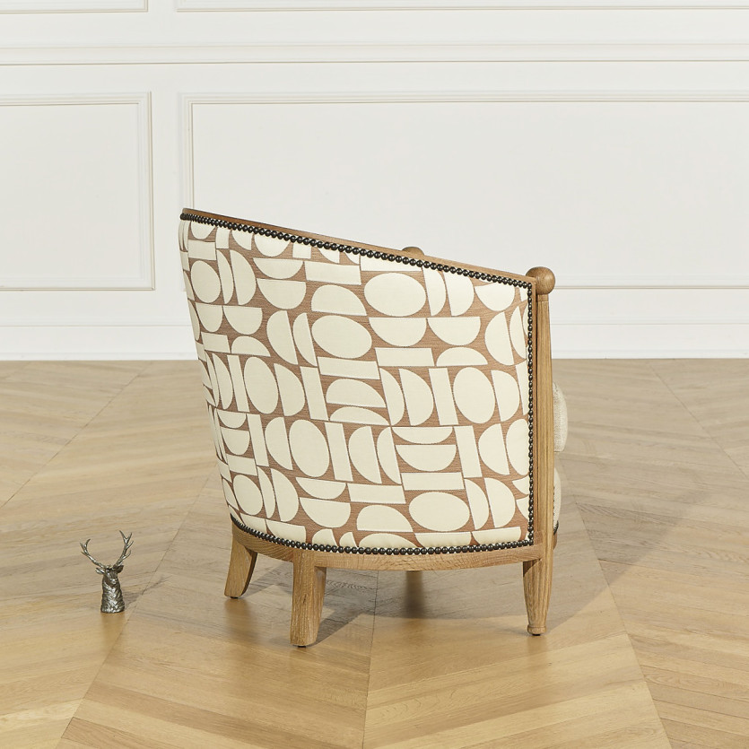 CAROLE NORTH - Vintage-style barrel armchair in oak, linen and graphic fabric, 1 seat