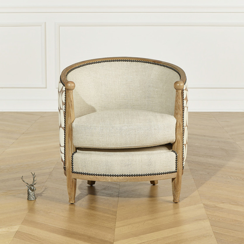 CAROLE NORTH Barrel Chair - Vintage style in oak, linen, and graphic fabric, 1 seat