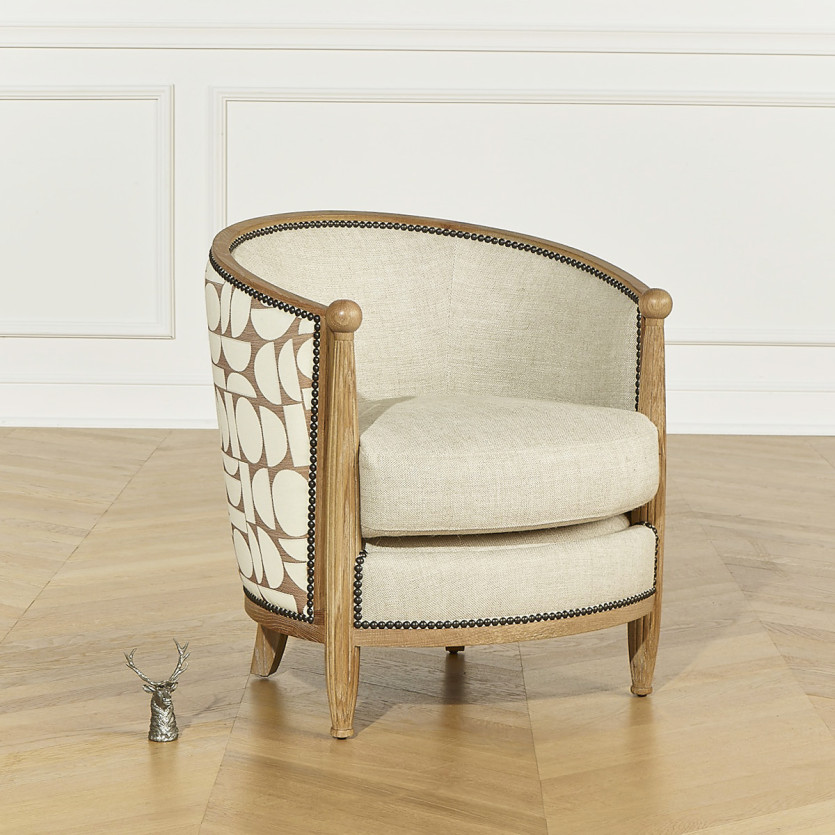 CAROLE NORTH - Poltrona a botte stile vintage in rovere, lino e tessuto grafico, 1 posto