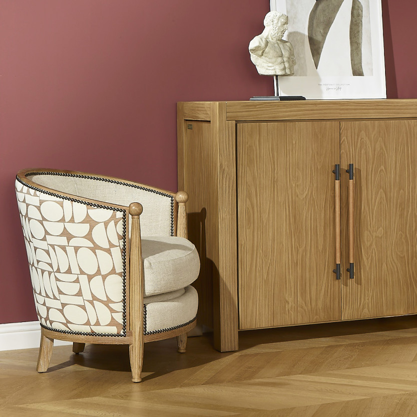 CAROLE NORTH - Vintage-style barrel armchair in oak, linen and graphic fabric, 1 seat