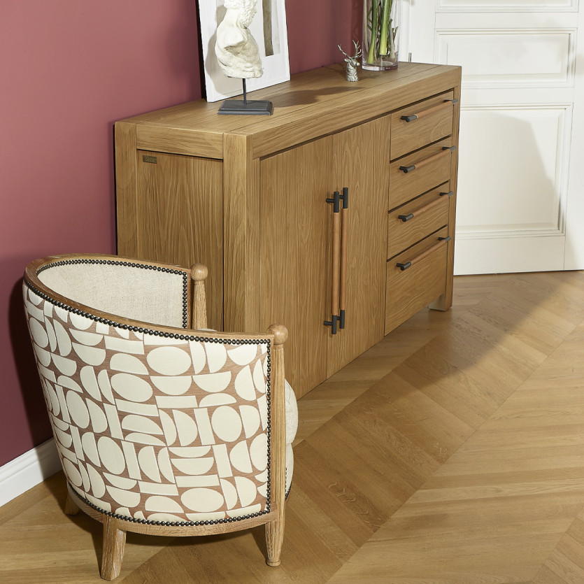 CAROLE NORTH - Vintage-style barrel armchair in oak, linen and graphic fabric, 1 seat