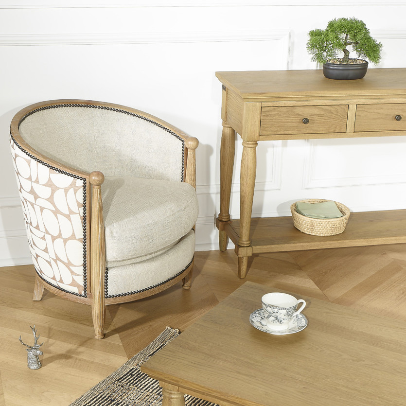 CAROLE NORTH - Vintage-style barrel armchair in oak, linen and graphic fabric, 1 seat