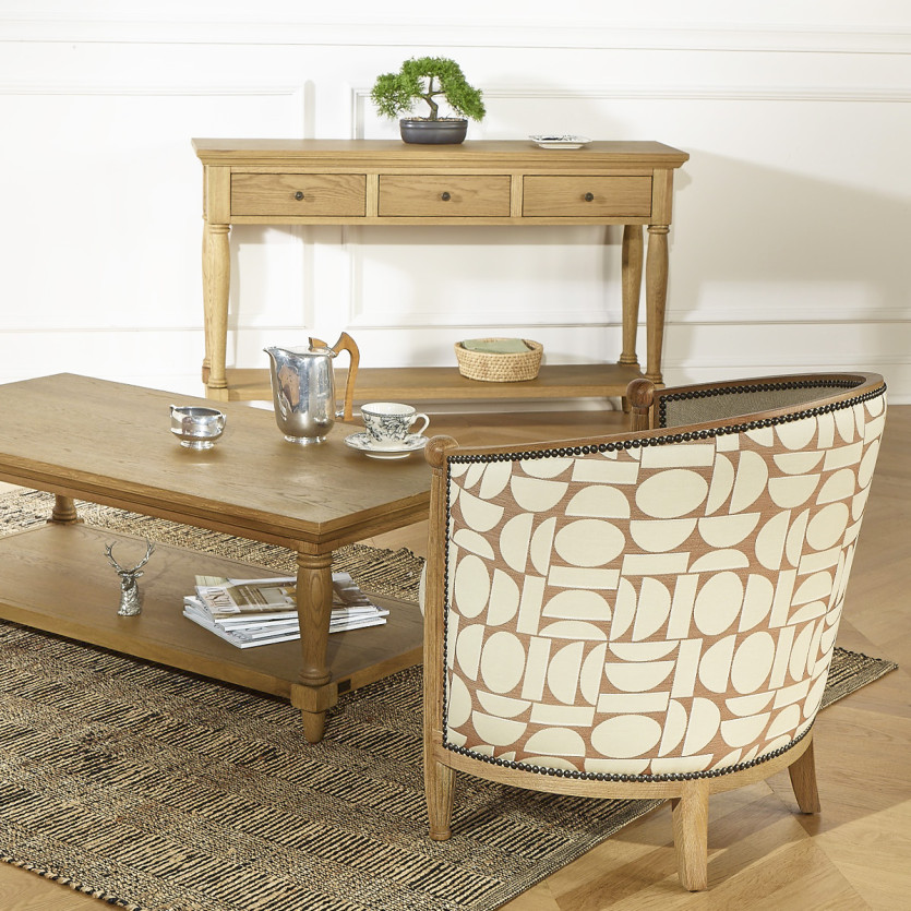 CAROLE NORTH - Vintage-style barrel armchair in oak, linen and graphic fabric, 1 seat