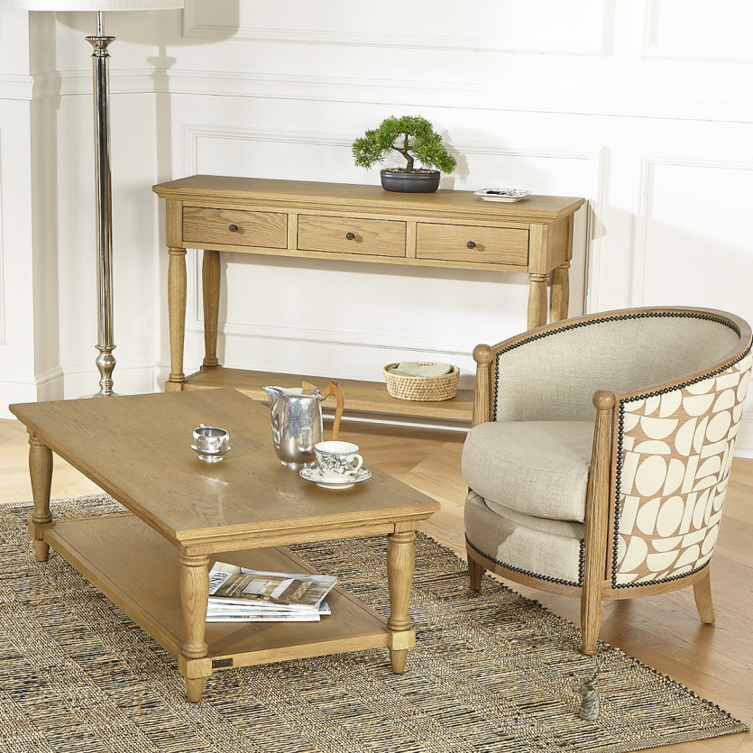 CAROLE NORTH -  Fauteuil tonneau style vintage en chêne, lin et tissu gaphique, 1 place