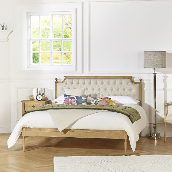 Cama de matrimonio JAMES - Estilo romántico en roble y lino algodón 160 x 200