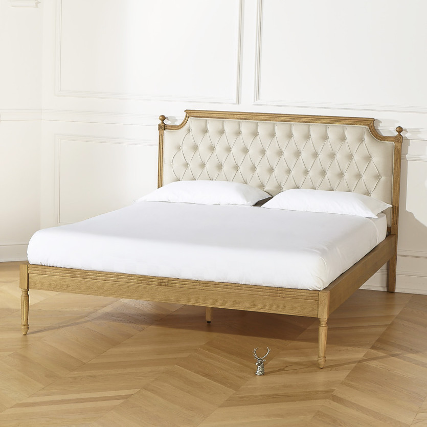 Two-seater bed JAMES - Romantic style in oak and premium linen 160 x 200