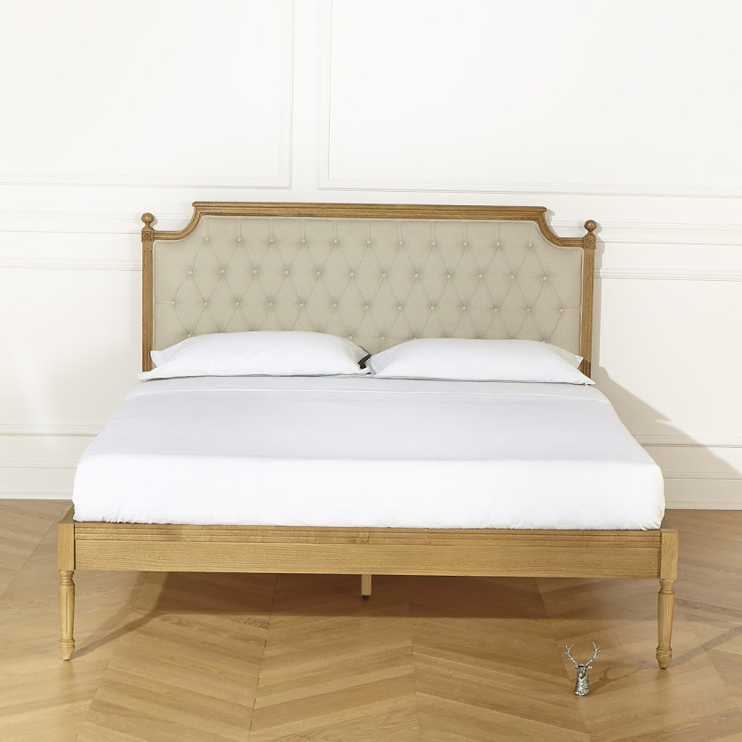 Lit deux places JAMES - Style romantico in rovere e lino cotone 140 x 190 cm