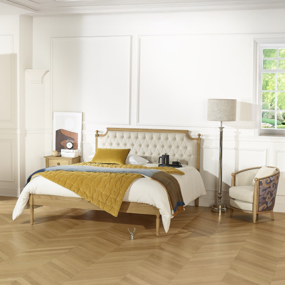 JAMES Double Bed - Romantic style in premium oak and linen 140 x 200