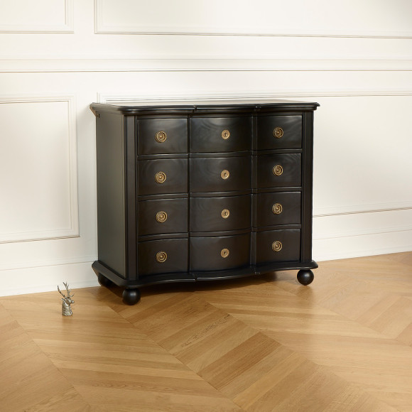 DIANA - Schwarze Kommode im Shabby-Chic-Stil, Massivholz, 4 Schubladen