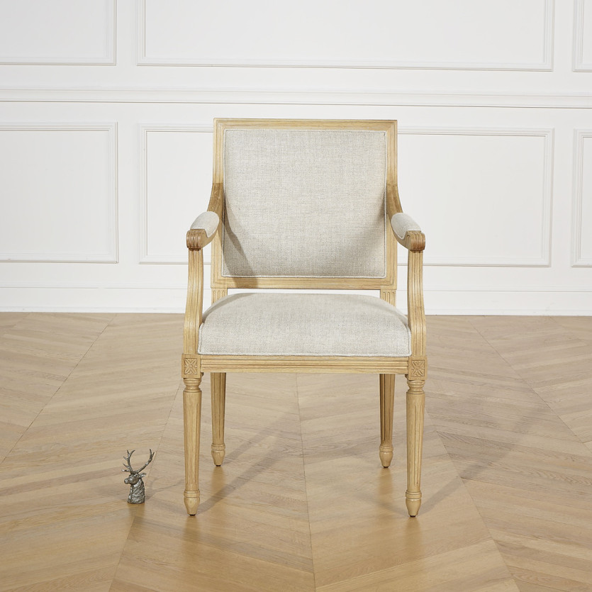 Sillón de mesa ASTRID - Estilo clásico en madera maciza y lino premium, 1 plaza