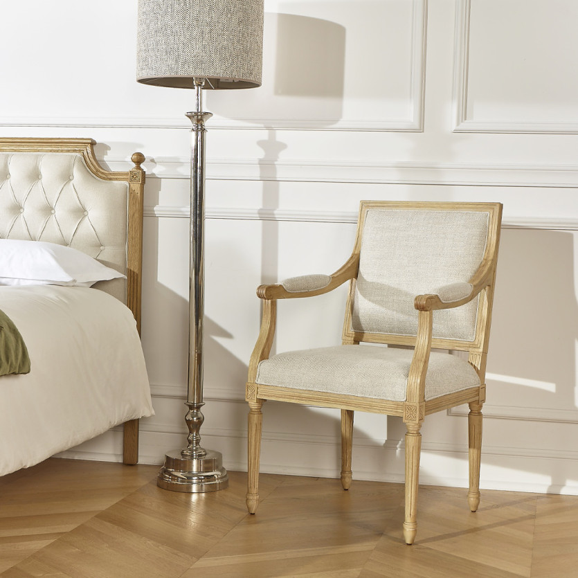 Fauteuil de table ASTRID - Style classique en bois massif et lin premium, 1 place