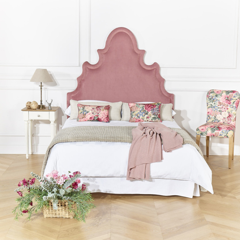 Tête de lit FOLIE - Style romantique en velours et pin massif, 140 x 200, bois certifié FSC®