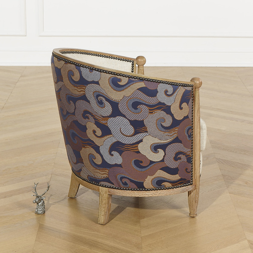 CAROLE WAVES FAUTEUIL IN FASSFORM – Haussmann-Stil aus Eiche und Jacquardstoff, 1 Sitzplatz