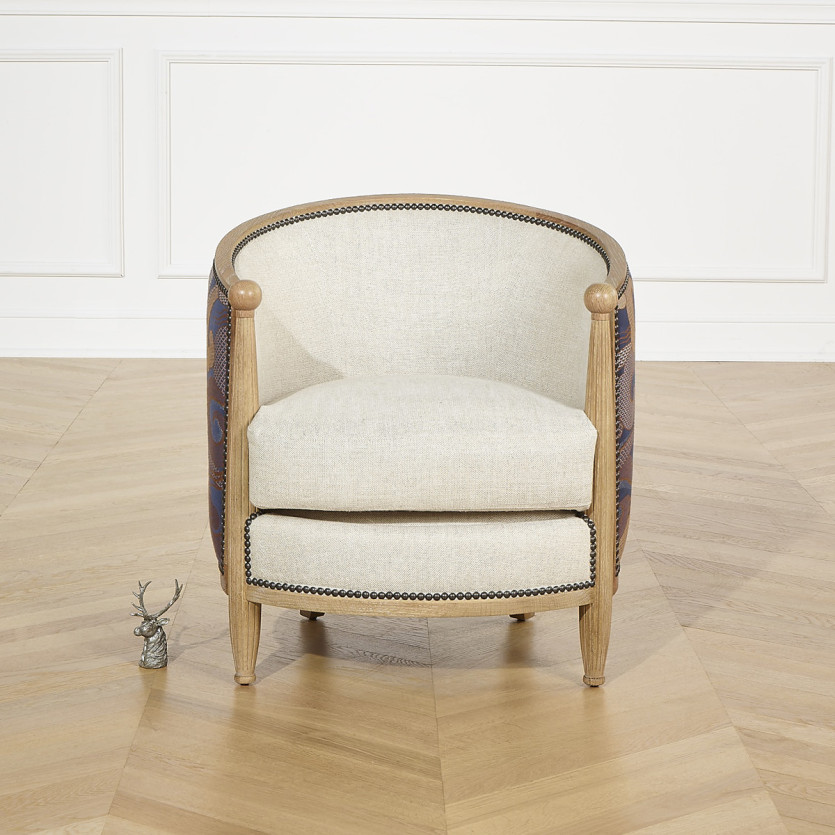 CAROLE WAVES FAUTEUIL IN FASSFORM – Haussmann-Stil aus Eiche und Jacquardstoff, 1 Sitzplatz