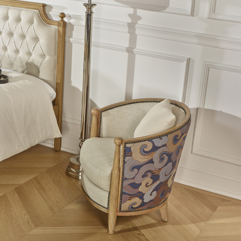 CAROLE WAVES FAUTEUIL IN FASSFORM – Haussmann-Stil aus Eiche und Jacquardstoff, 1 Sitzplatz