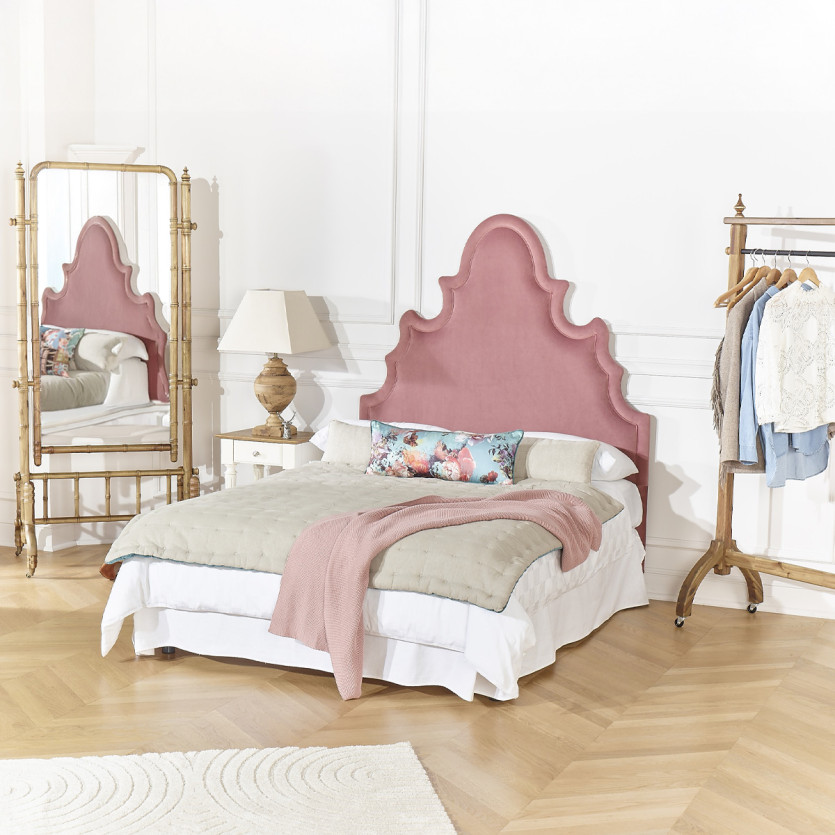 Tête de lit FOLIE - Style romantique en velours et pin massif, 140 x 200, bois certifié FSC®