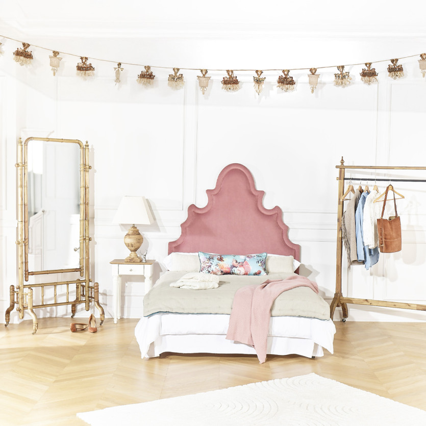 Tête de lit FOLIE - Style romantique en velours et pin massif, 140 x 200, bois certifié FSC®