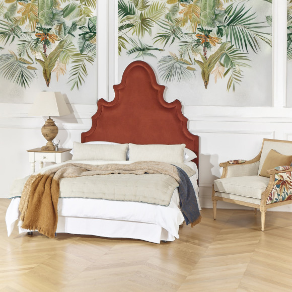 Cabeceira FOLIE - Estilo romântico em veludo e pinho maciço, 140 cm, madeira certificada FSC®
