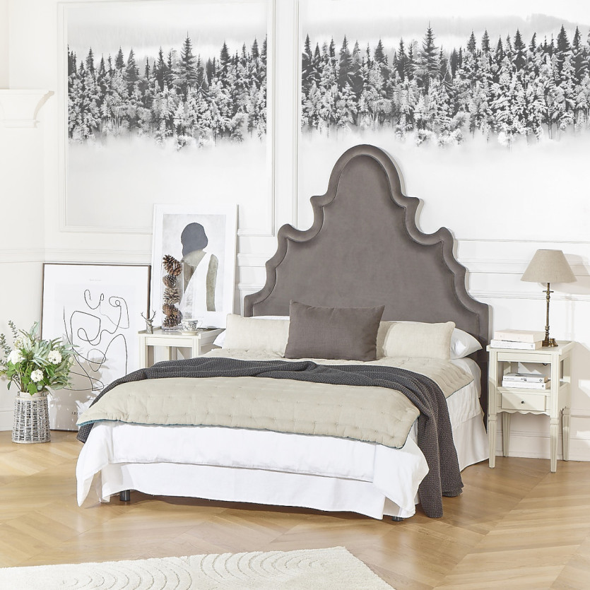 Tête de lit FOLIE - Style romantique en velours et pin massif, 140 x 200, bois certifié FSC®