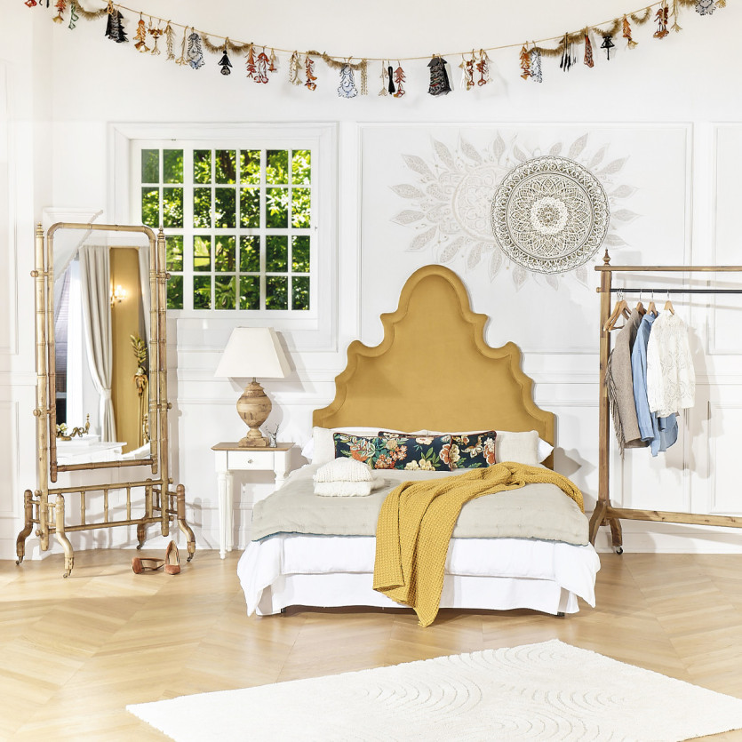 Tête de lit FOLIE - Style romantique en velours et pin massif, 140 x 200, bois certifié FSC®