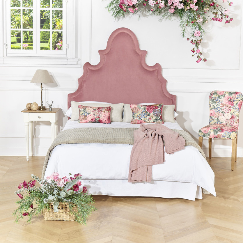 Tête de lit FOLIE - Style romantique en velours et pin massif, 140 x 200, bois certifié FSC®