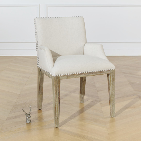 Cadeira de jantar KENZA - Estilo moderno em madeira maciça e linho com tachas, 1 lugar