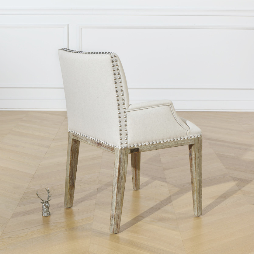 Fauteuil de table à manger KENZA - Style moderne en bois massif et lin clouté, 1 place