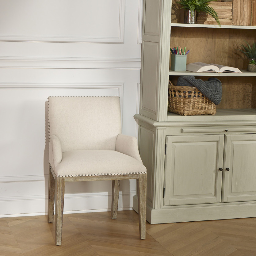 KENZA - Modern style dining chair made of solid wood and studded linen, 1 seat