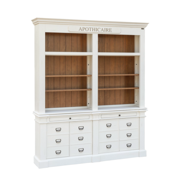 GUSTAVE  - Bibliothèque ouverte style classique en bois, 4 portes, 8 tablettes, 2 tiroirs