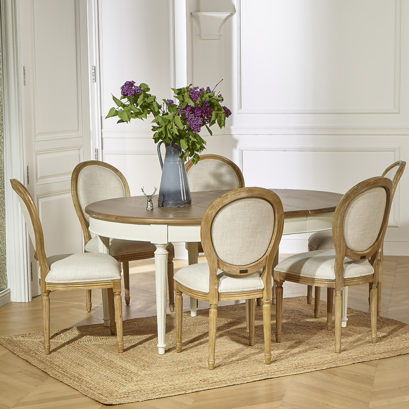Table à manger extensible FLORENCE -  Style romantique en chêne, pieds blancs, 4/10 couverts