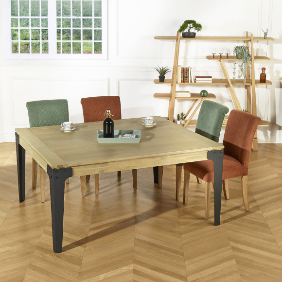BALTIMORE - Table à manger extensible carrée, style industriel en bois et métal, 8/10 couverts