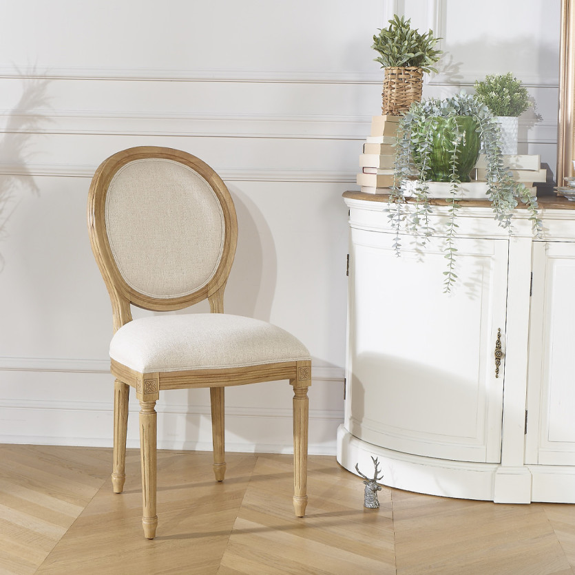Conjunto de dos sillas MEDAILLON FLANDER - Estilo shabby chic en madera maciza y tela efecto lino.