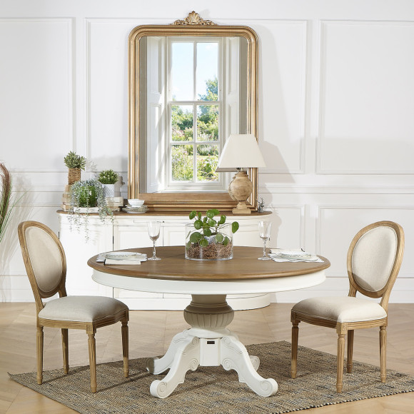 Set of two MEDAILLON FLANDER chairs - Shabby chic style in solid wood and linen effect fabric