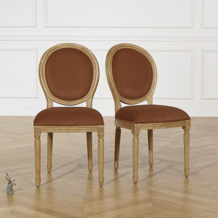 Lot de 2 chaises MEDAILLON PAUL - Style shabby chic en bois massif et tissu effet velours