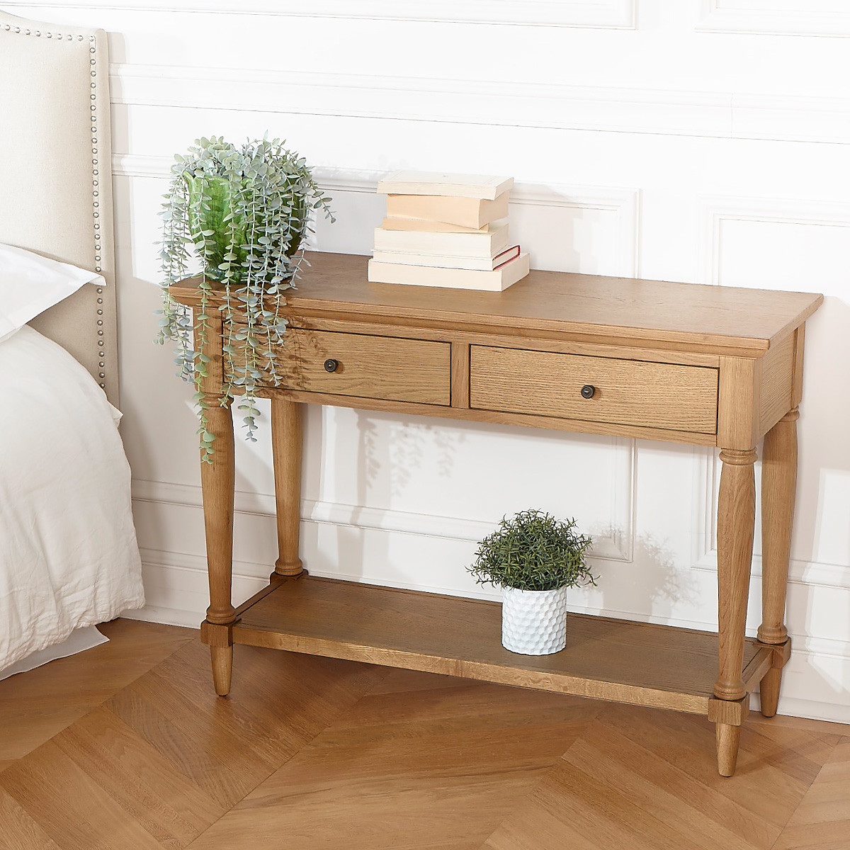 Console entrée style romantique, double plateau en chêne, 2 tiroirs