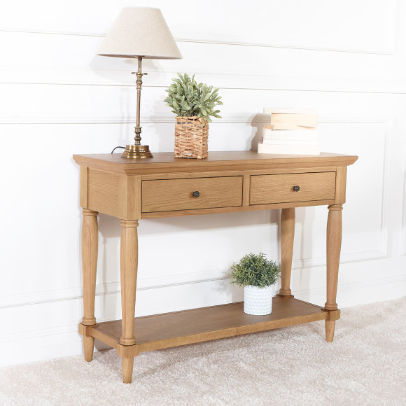Console EDINBURGH - Style shabby chic, plateau en chêne, 2 tiroirs