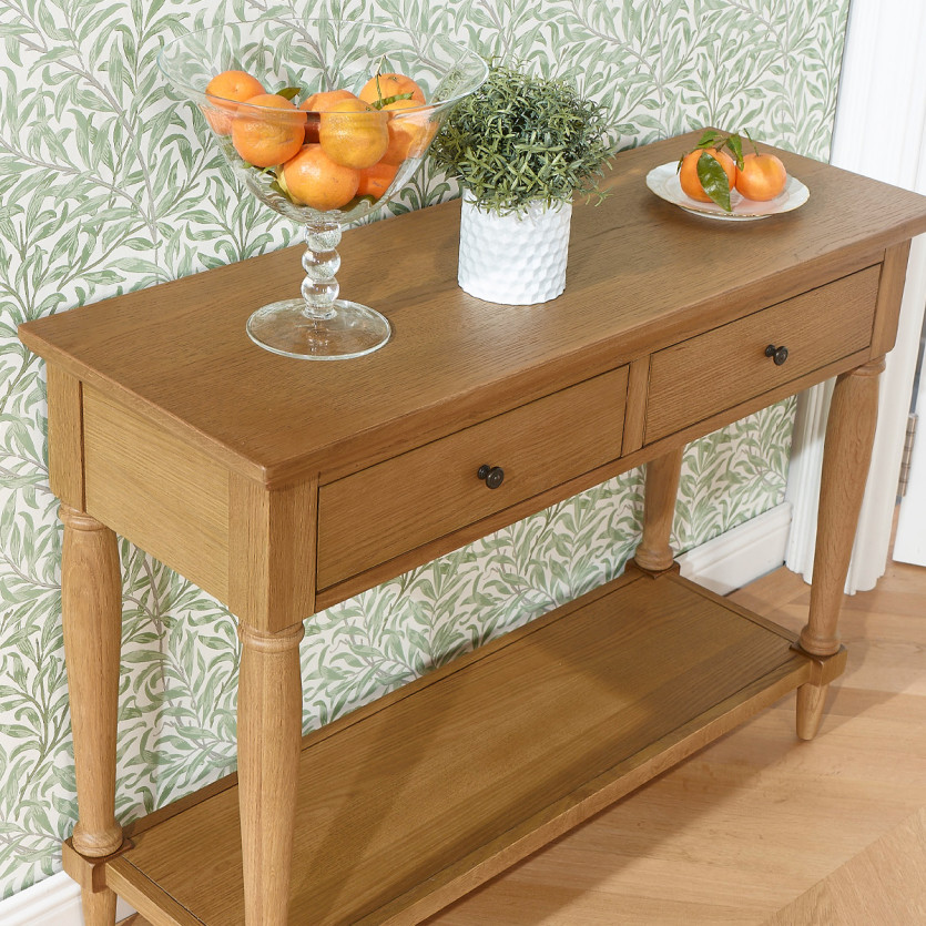 Console EDINBURGH - Style shabby chic, plateau en chêne, 2 tiroirs