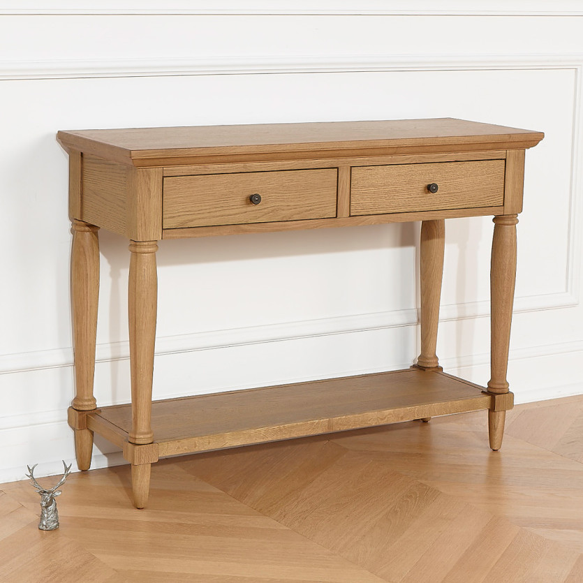 Console EDINBURGH - Style shabby chic, plateau en chêne, 2 tiroirs