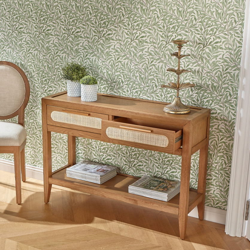 Consola de entrada MONTANA - Estilo contemporáneo, tablero de roble, 2 cajones, 1 estante