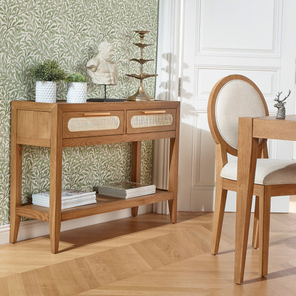 Consola de entrada MONTANA - Estilo contemporáneo, tablero de roble, 2 cajones, 1 estante