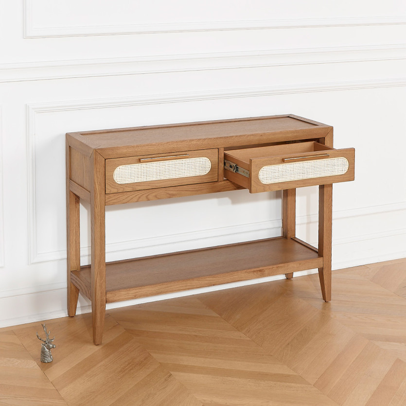 Console d'entrée MONTANA - Style contemporain, plateau en chêne, 2 tiroirs, 1 étagère