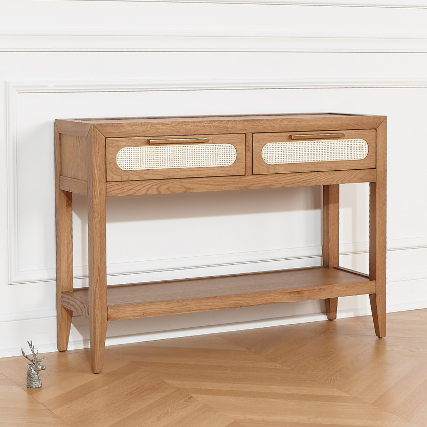 Console d'entrée MONTANA - Style contemporain, plateau en chêne, 2 tiroirs, 1 étagère