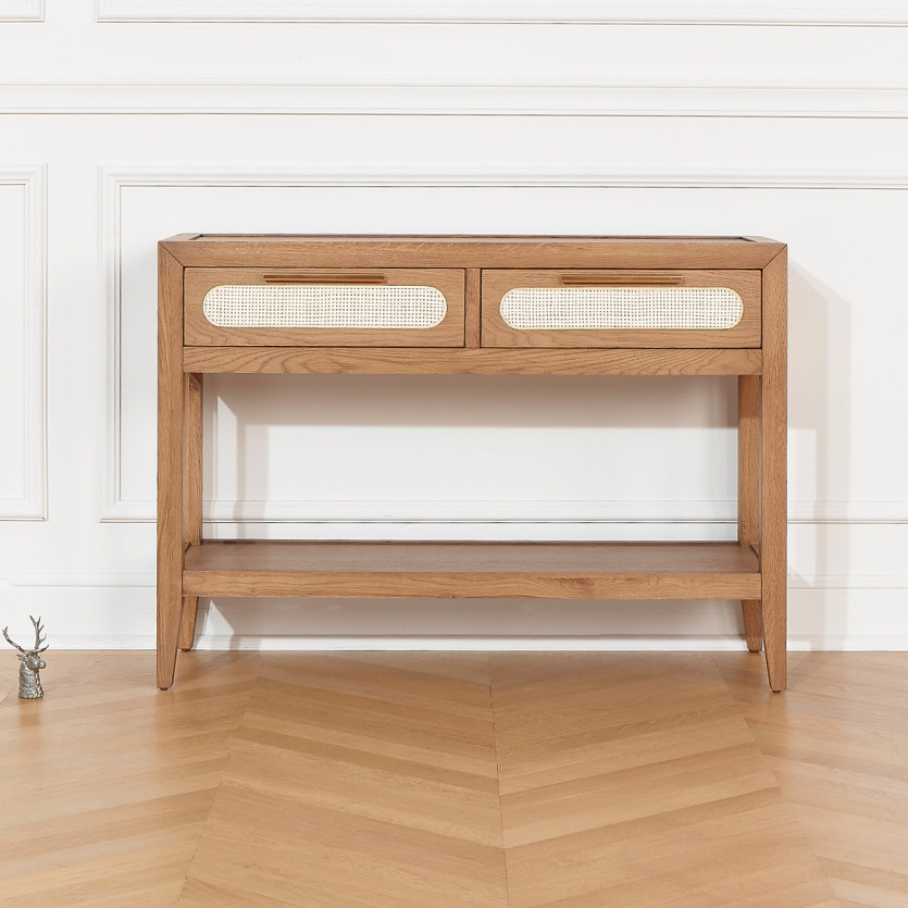 Consola de entrada MONTANA - Estilo contemporáneo, tablero de roble, 2 cajones, 1 estante