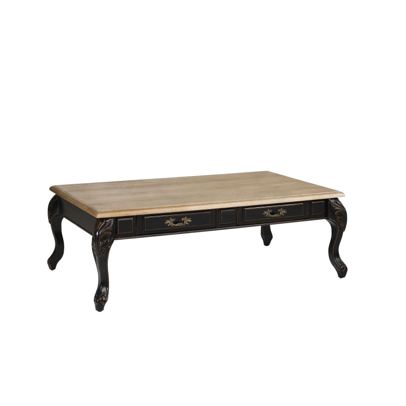 MARIANNE -Table basse style shabby chic en chêne, pieds noirs, 4 tiroirs