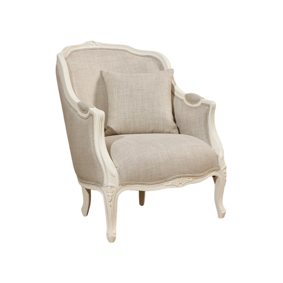 VICTOR - Fauteuil bergère shabby chic en bois et lin premium