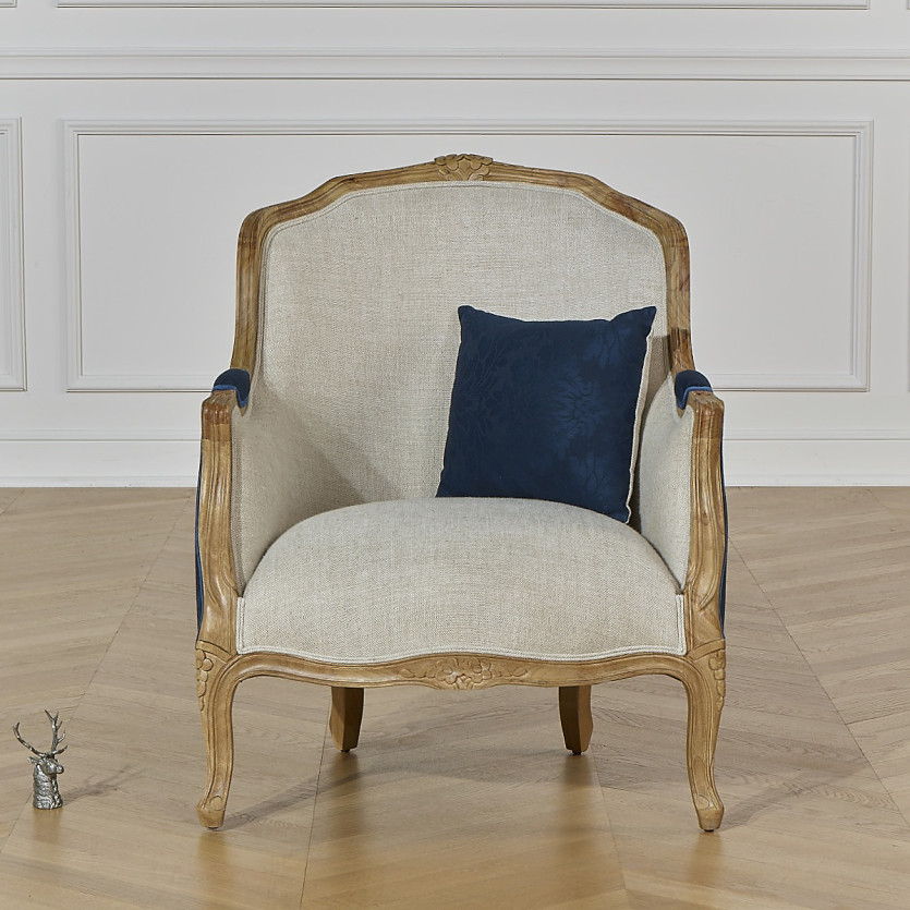 VICTOR NUIT DE CHINE – Sillón bergère de estilo romántico en tela floral azul y madera maciza, 1 plaza