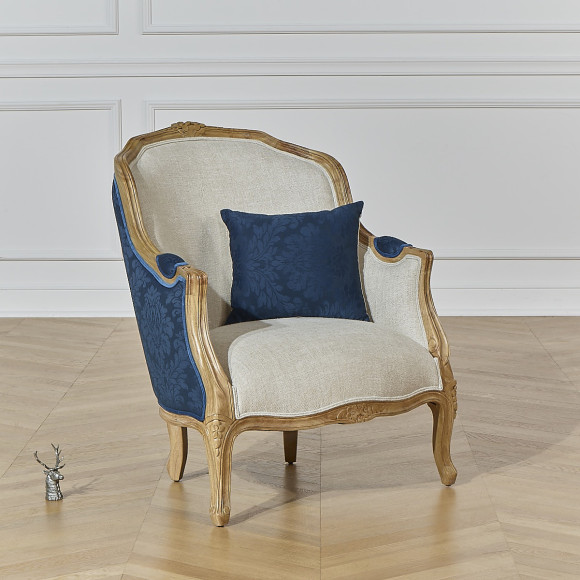 VICTOR NUIT DE CHINE – Sillón bergère de estilo romántico en tela floral azul y madera maciza, 1 plaza