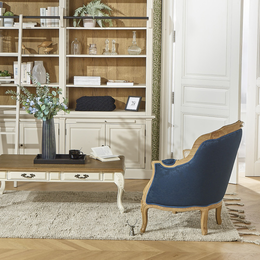 VICTOR NUIT DE CHINE – Romantic-style bergère armchair in blue floral fabric and solid wood, 1 seat