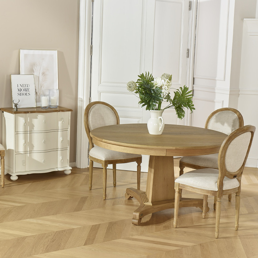 Tavolo da pranzo rotondo IRIS - Stile shabby chic, piano in rovere, 4/6 coperti